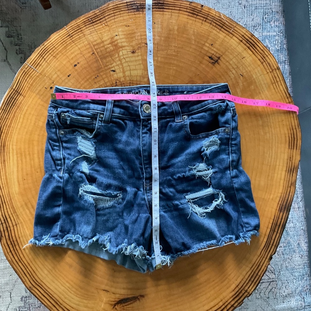 American Eagle Curvy Hi Rise Shortie Shorts Sz 10 Destructed Stretch - Picture 3 of 7